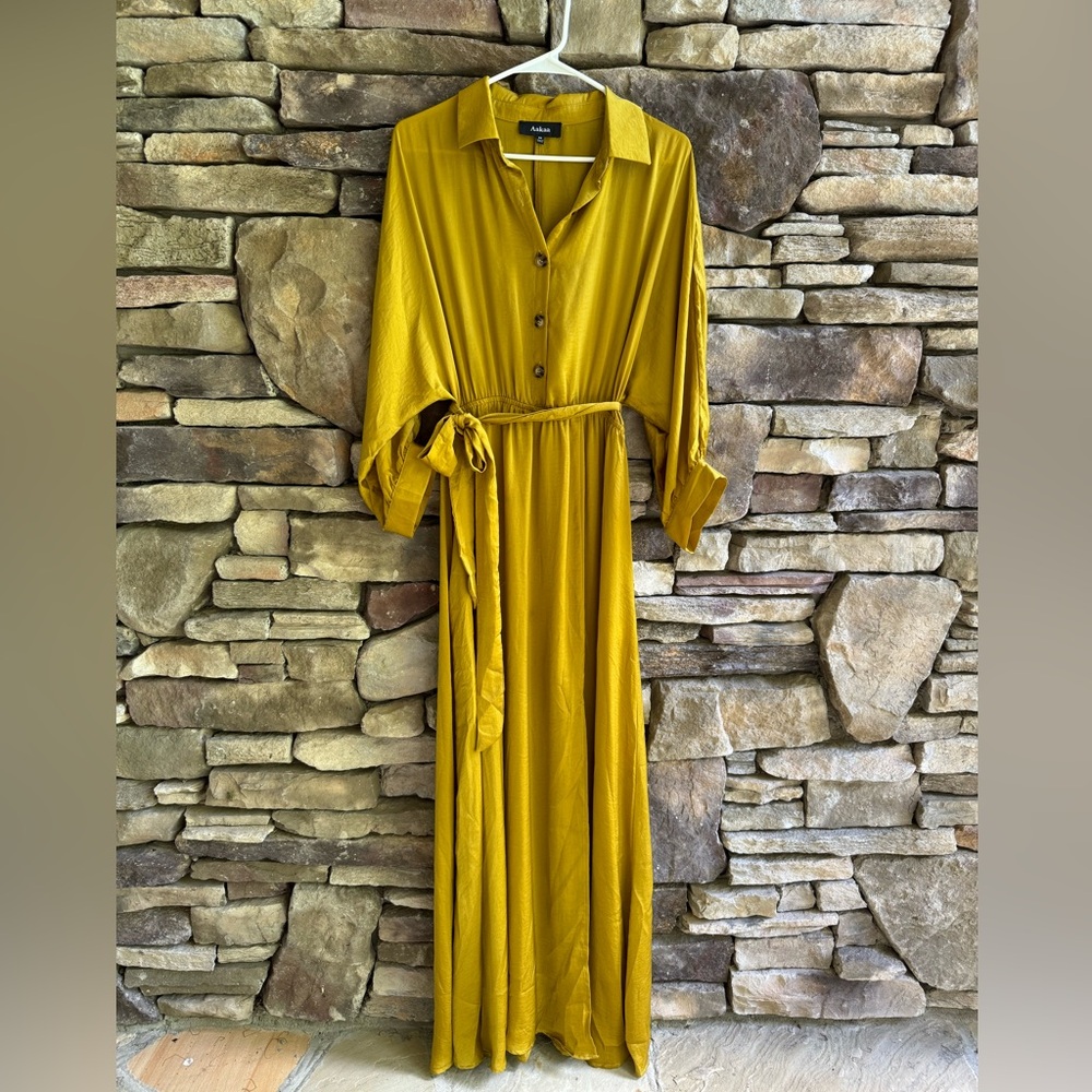 Aakaa Mustard Satin Maxi Dress, size M